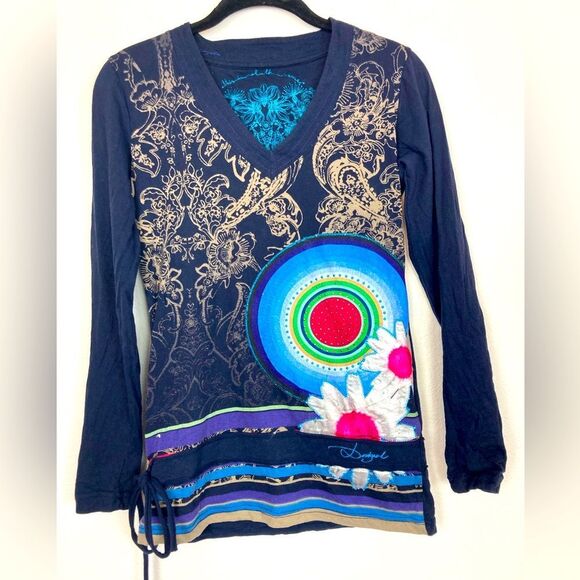 Desigual Navy and Mixed Patterned Long Sleeve Top includes velvet bling daisy - Picture 1 of 13